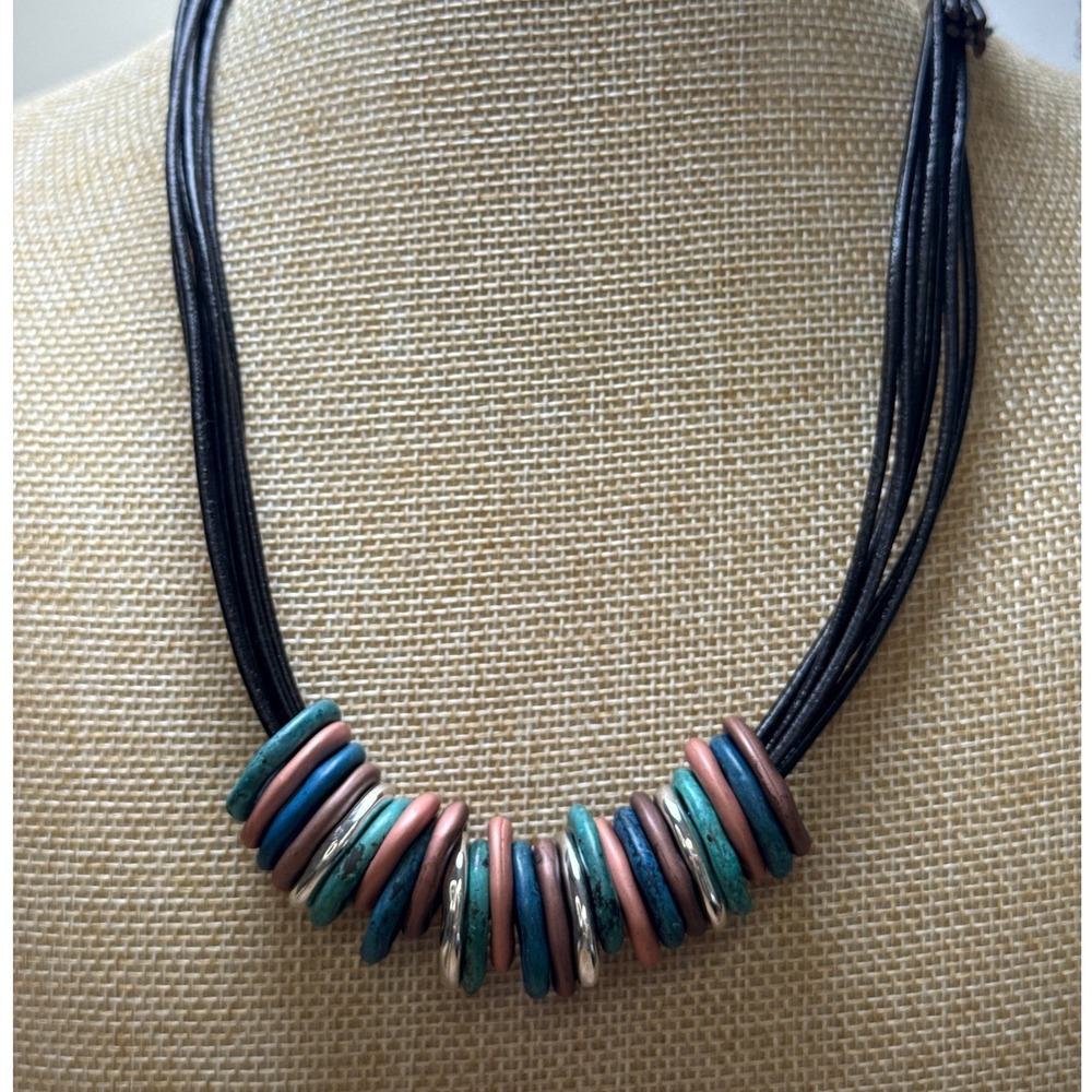 H&M SOHO Necklace Multi Strand Leather‎ Turquoise Copper Boho Eclectic Statement